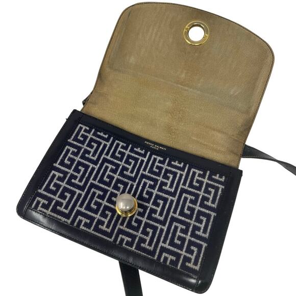 Balmain Vintage Monogram Canvas & Leather Crossbody Bag Navy Gold Hardware - Picture 9 of 14